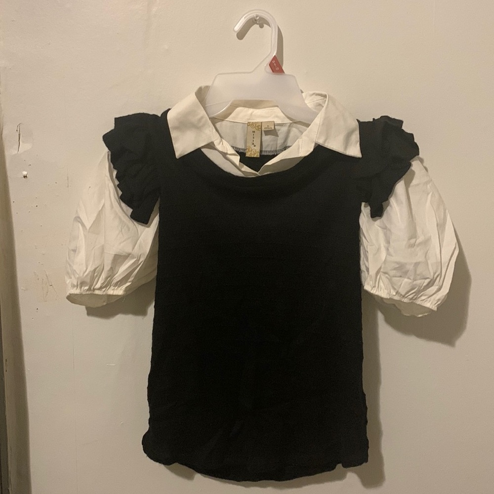 Black top, polo neck, puffy shoulder sleeve, classy teacher blouse, MISIA,Size S